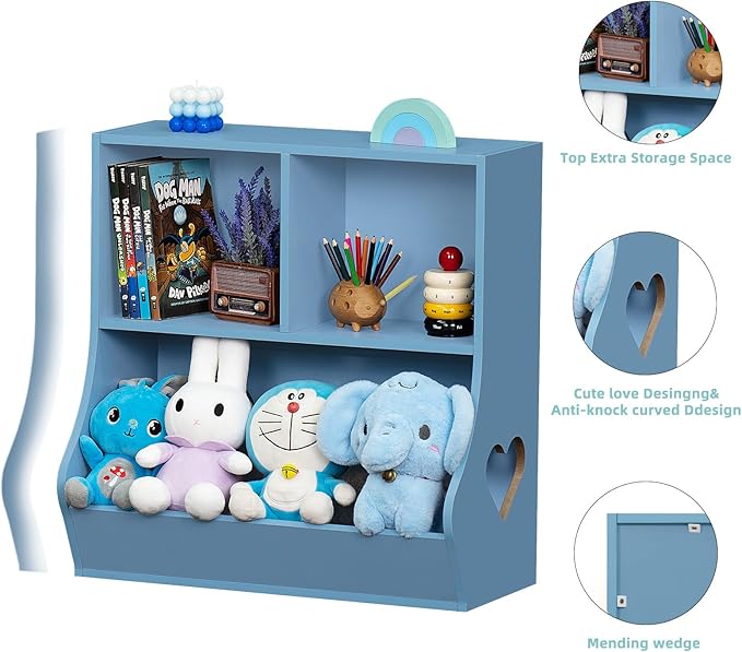 Lerliuo Baby Toddler Bookshelf and Storage Organizer, Kids Cabinet and Bookcase, Wooden 3 Cubby Children Book Shelf for Playroom, Bedroom, Nursery, School 23.62'' H (Blue)