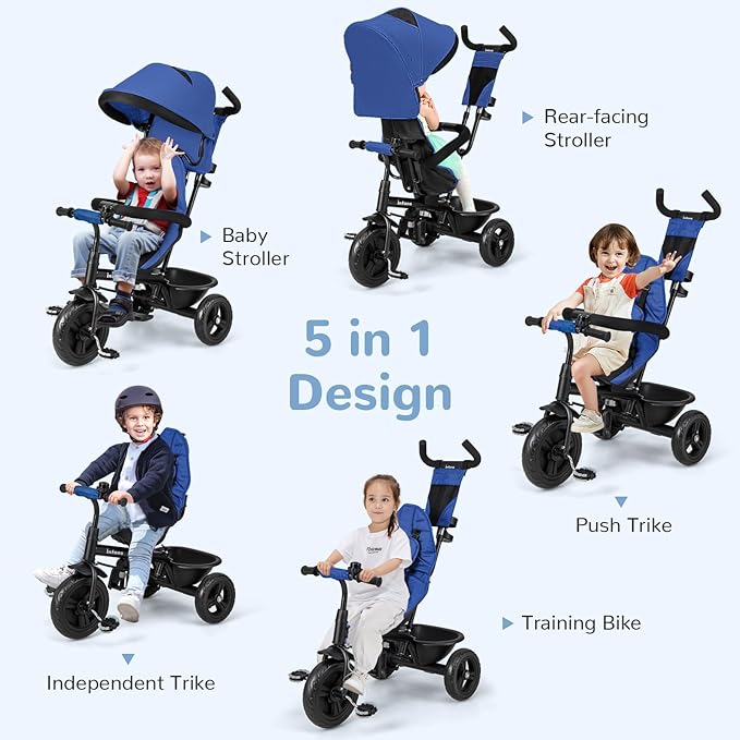 INFANS Kids Tricycle, 6 in 1 Baby Trike Toddler Bike with Reversible Seat, Adjustable Push Handle, Control Direction, Removable Canopy, Safety Harness, Belt, Storage, 9-60 Months (Blue)