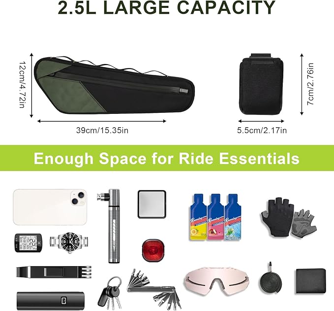 Desing Wish 2.5L Large Capacity Bike Frame Bag Waterproof Bicycle Under Top Tube Bag Double-Sided Zipper Bike Bag Corner Pouch for Cycling Accessories (Green)