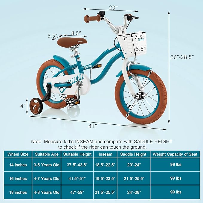 BABY JOY Kids Bike, 12 14 16 18 20 Inch Boys Girls Bike w/Adjustable Seat, Removable Basket, Handbrake & Coaster Brake, Training Wheels or Kickstand, Kids Bicycle with Multi-Color