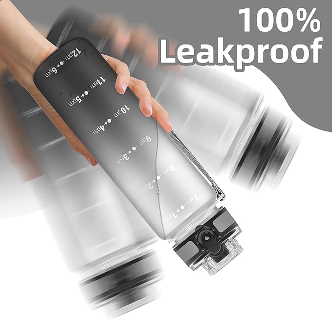 OLDLEY 32 oz Water Bottle, Motivational Water Bottle with Time Marker, Sports Water Bottle With Strap, Leakproof & BPA Free Large Water Bottles for School, Gym, Travel, Outdoor, Tritan,White&Black