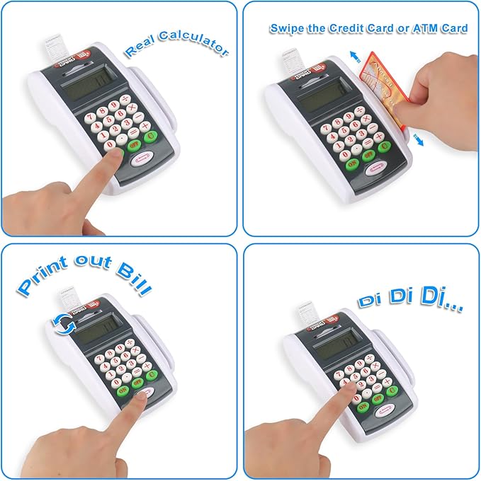 Payment Terminal Toys, Point of Sale Terminal with Light and Sound, Cash Register Toy with Credit Cards and Recipts, Pretend Play Toy for Children Age 3 and Up