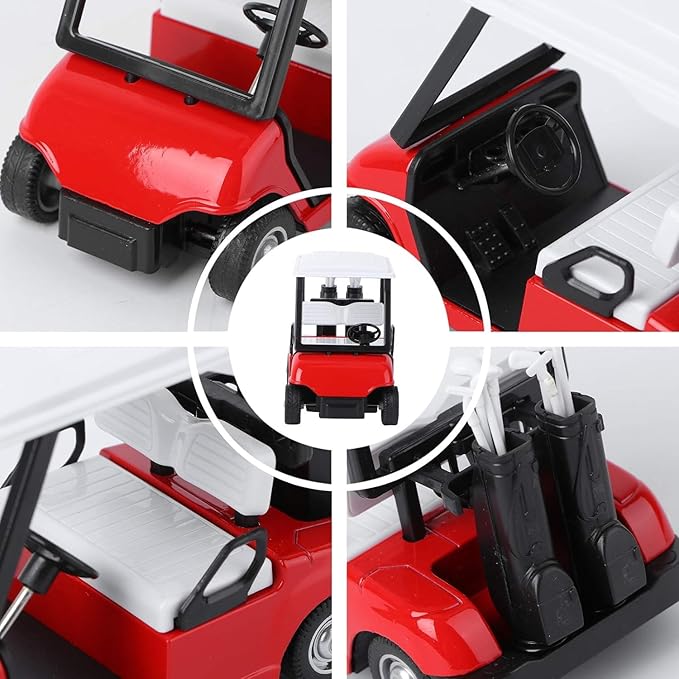 6 Pack: Diecast Golf Carts Toy with Clubs, Alloy Metal Mini Model 1:20 Scale Golfcart Pullback Vehicles for Golfing Themed Office Desk Decor, Bulk Birthday Party Cake Decorations (4.75 Inches)