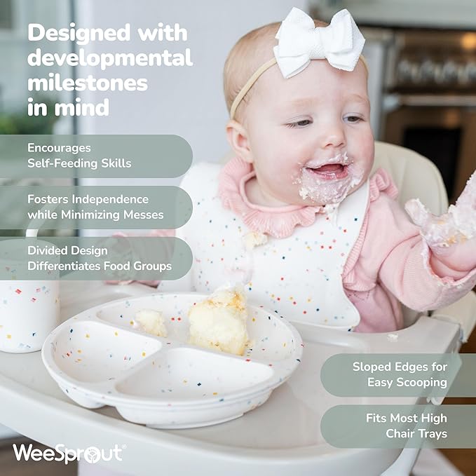 WeeSprout Suction Plates for Babies With Lids & Toddlers - 100% Silicone, Dinnerware Stays Put, Divided Design for Picky Eaters, Microwave & Dishwasher Friendly, 3 Pack