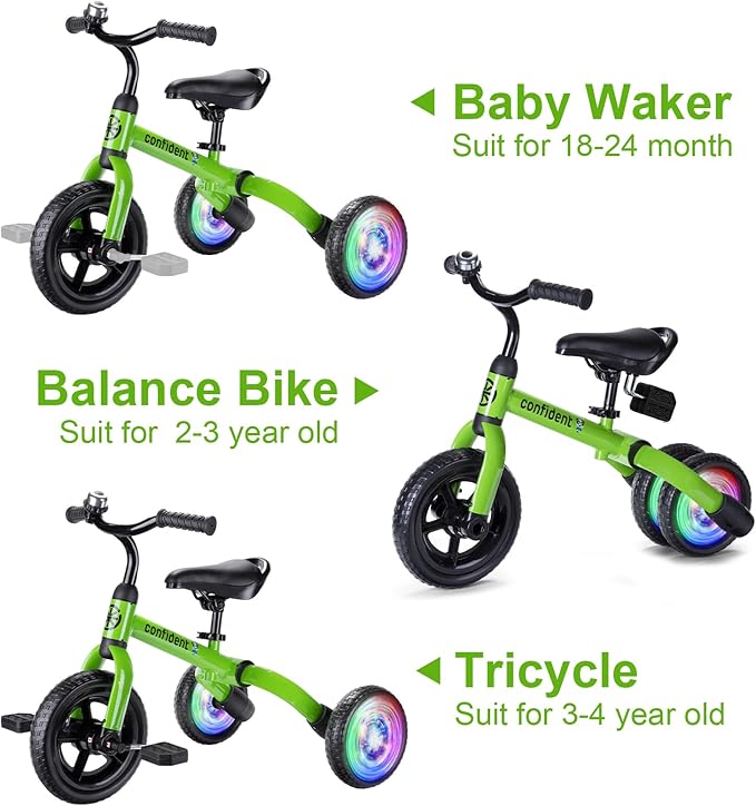 YGJT 3 in 1 Lighting Tricycle for Toddlers Age 2-5 Years Old, Folding Kids Balance Bike with Adjustable Seat and Removable Pedal, Toddler Bike Ride-on Toys for Infant, Gift for Baby Boys Girls(Green)