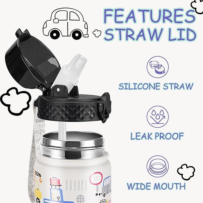 GOPPUS Kids Water Bottle (Straw Lid) - 14 Oz Stainless Steel Travel Bottle, Double Wall Vacuum Leak Proof Kids Cup for School Boys Girls,White engineering car