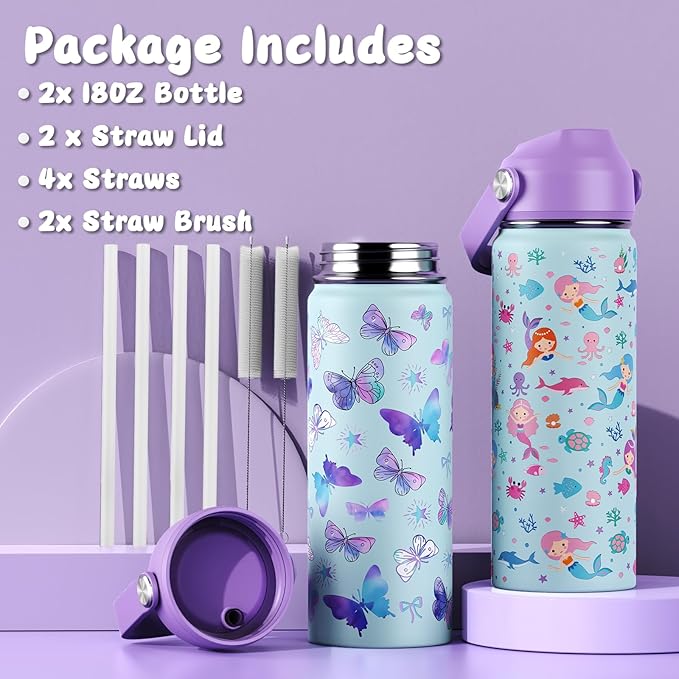 18oz Kids Insulated Water Bottle with Straw Lid - 18/8 Stainless Steel Kid Cup Travel Tumbler Double Wall Vacuum Leak Proof Portable Toddler Water Bottle (Butterfly+Mermaid）