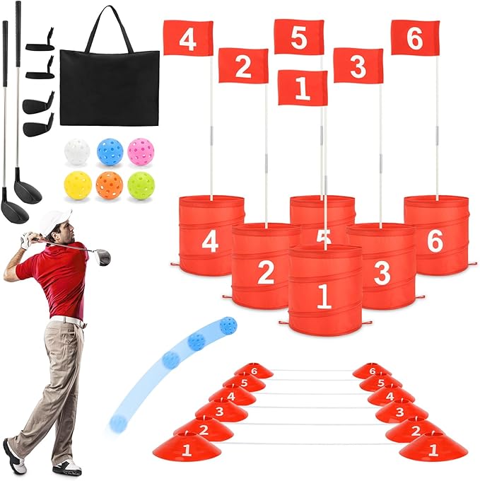 deAO Portable Golf Game Set, 6 Holes with Balls and Flag, Family Golf Gifts for Outdoor Indoor, Red