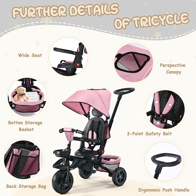Folding Kids' Tricycle, 8 IN1 Baby Trike W/Removable Canopy &Parental Push Rod, Toddler Bike Stroller for Kids 1-5 Years, 360° Swivel Seat, EVA Wheels，Storage Basket, Pink