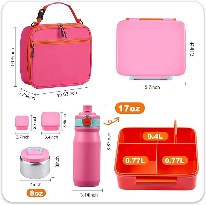 Bento Lunch Box for Kids with Thermos, Leakproof Bento Box with 8oz Insulated Food Jar, Insulated Bottle, Lunch Bag, BPA Free Dishwasher Safe 4 Compartment Container for School Girls Boys (Pink)