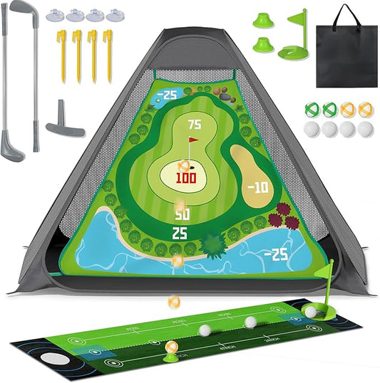 Lehoo Castle Kids Golf Set with Golf Net, 2 in 1 Toddler Golf Set with Putting Mat & Sticky Balls, Toddler Golf Clubs for Chipping Training, Outdoor Indoor Golf Toys Gift for Boys Girls 3 4 5 6 7