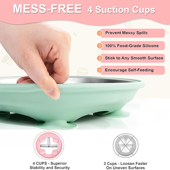 Bella’s Friends Stainless Steel Baby Plates with Suction 3 Pack, 8” Divided Toddler Plates with Removable Silicone Sleeves for Mess-Free Feeding, Non-Toxic, Non-Slip, Dishwasher Safe, beige,pink,green