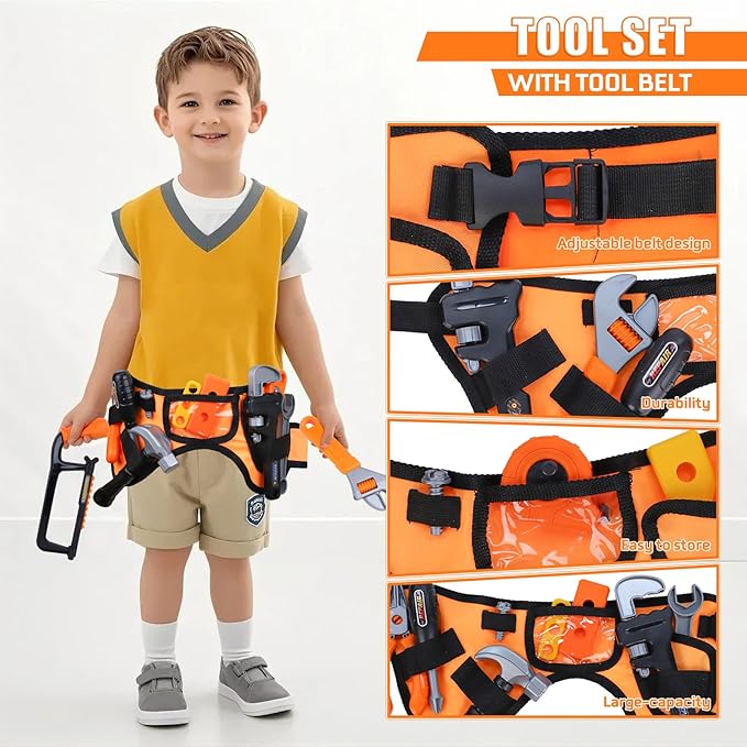 Kids Tool Set,MAGIC4U 52PCS Toddler Tool Set with Electric Drill Toy & Kids Tape Measure, Pretend Play Construction Toys Costume with Tool Belt for Boy Girls Age 3-8