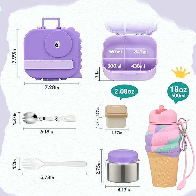 Dinosaur Lunch Box for Kids with Secret Compartment | 4 Compartments Bento Box + 12oz Insulated Food Jar | Leak-Proof Sauce Cup & Collapsible Spoon | BPA-Free, Dishwasher Safe(Green+Green Jar)