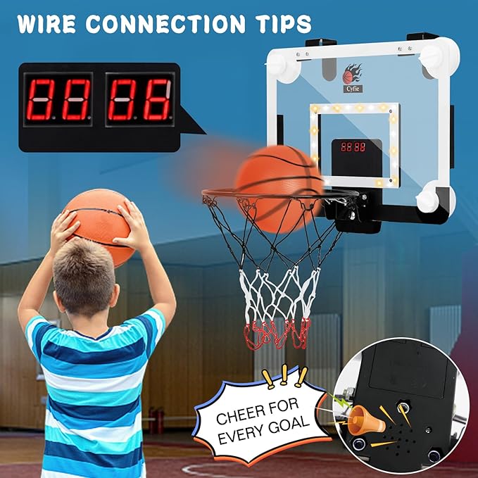 CYFIE LED Basketball Hoop, Suction Cup/Over The Door Basketball Hoop with Sturdy Backboard/Electronic Scoreboard, Sound, 3 Balls, Mini Indoor Basketball Toy Gifts for Kids Teens Boys Girls Youth
