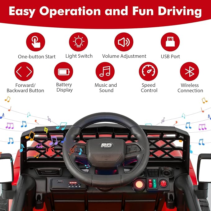 Costzon Kids Ride On Truck, 12V Battery Powered Electric Vehicles w/Remote Control, Spring Suspensions, 3 Speeds, Music, Lights, Wireless Connection, Ride on Car for Boys & Girls 3+ (Red)