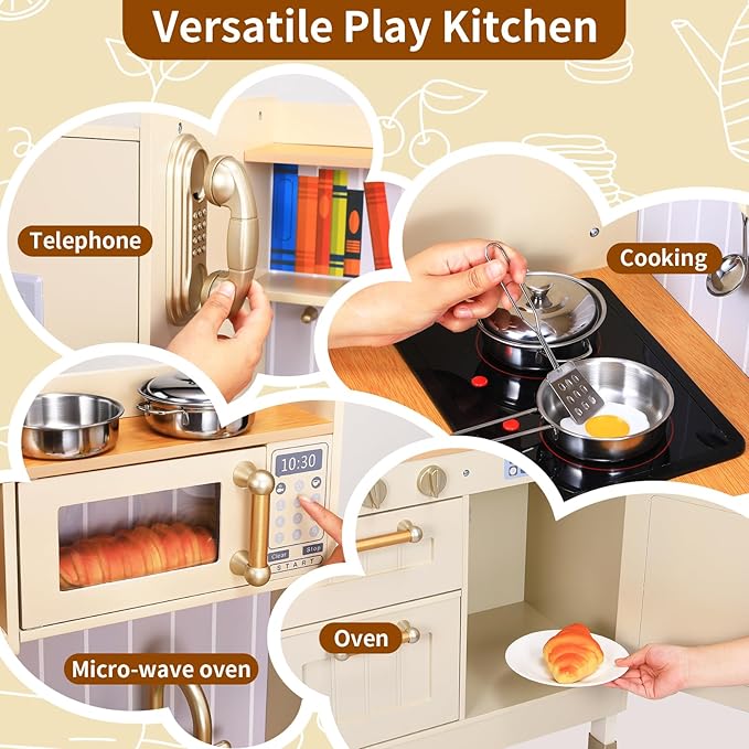 Arlopu Play Kitchen for Kids, Wooden Toy Toddler Kitchen Sets, Pretend Cooking Playset with Storage & Accessories, Realistic Light & Sound, Stove, Fridge, Microwave, Removable Sink (Beige)