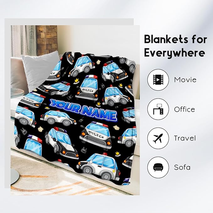 Personalized Toddler Blankets with Name for Boys, Car Blanket Gifts Home Decor, Custom Kids Throw Blankets for Car Lovers, Soft Flannel Boys Blanket for Bed Living Room (Black, 60x80 Inch)