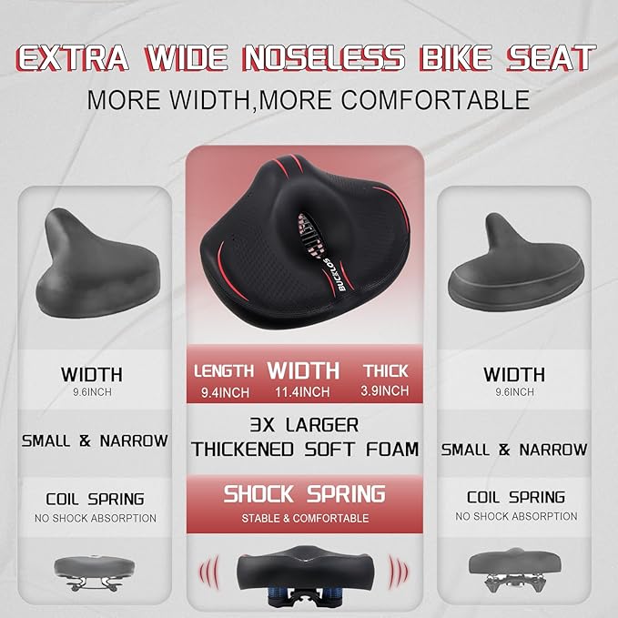 BUCKLOS New Noseless Bike Seat for Comfort Men&Women Extra Wide Bicycle Seat Cushion Oversized Comfortabele Foam Padded Bike Saddle for Peloton Exercise Bike Ebike Cruiser Bikes