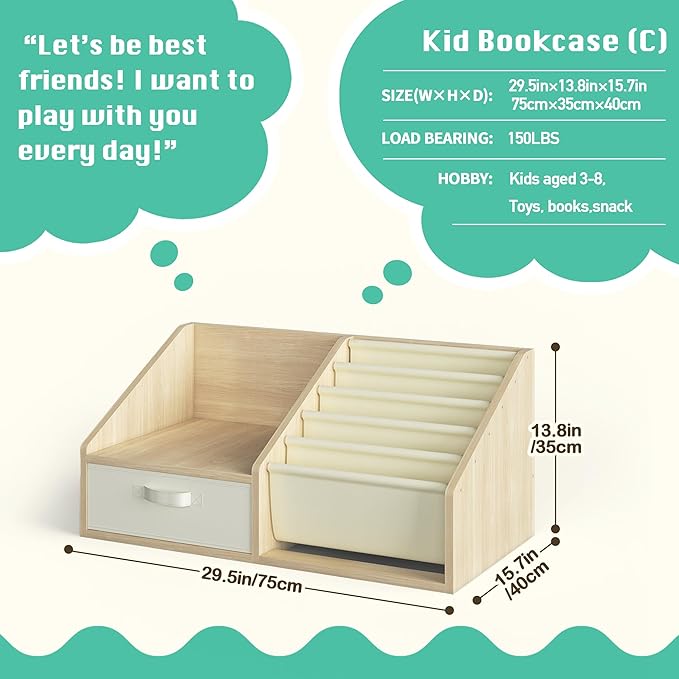 FKWin Kids Bookshelf with Seat - Forward-Facing Book Shelf for Kids Rooms,Nursery Bookcase with 5-Tier Montessori Shelf,Wooden