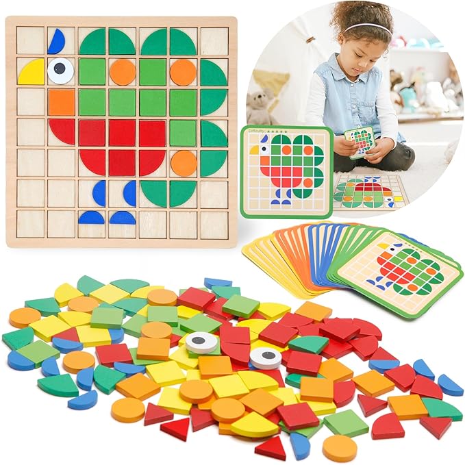 Montessori Tangram Educational, Geometric Shapes Puzzle Toys with 120Pcs Wooden Puzzle Blocks and 20Pcs Cards, Colorful Pattern Montessori Children's Educational Gifts for Kids Ages 3 and Up