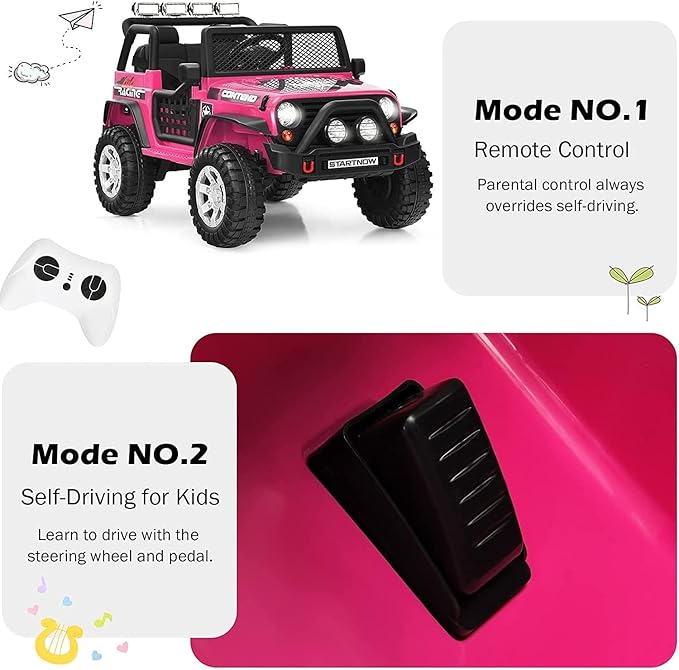 Costzon 2-Seater Ride on Truck, 12V Battery Powered Electric Vehicle w/Remote Control, 2 Speeds, Spring Suspension, LED Light, Horn, Music/ MP3, 2 Doors Open, Ride on Car for Kids (Pink)
