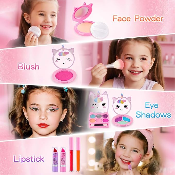 Kids Makeup Sets for Girls, Real Washable Make Up Kits Toys Toddler Children Princess Dress Up Birthday Toy for 3 4 5 6 7 8 9 10 11 12 Years (Pink)