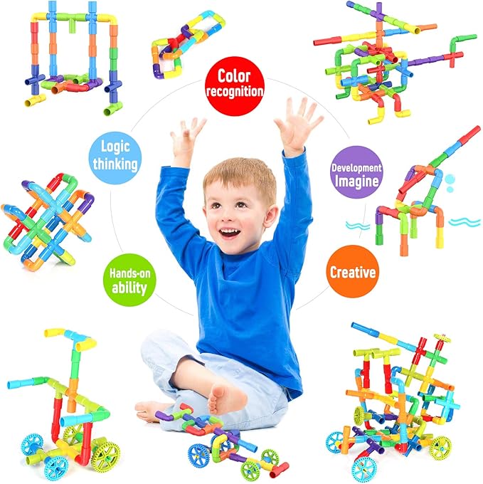 WishaLife 250 Pieces STEM Building Blocks Set, Kids Tube Locks Construction Set with Storage Box, Preschool Educational Learning Pipe Toy Gift for Toddler Aged 3+