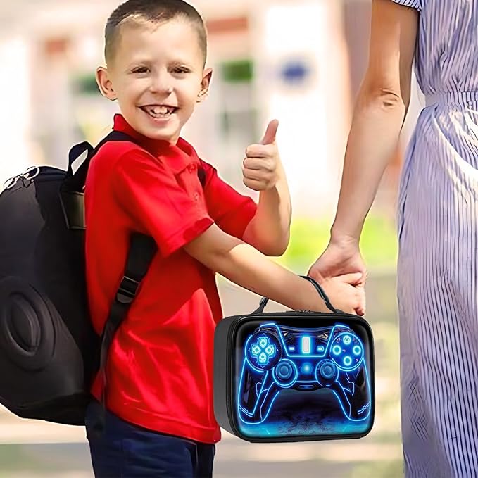 Gamer Lunch Box for Boys,Leather Boys Lunch Bag for Kids,Gamer Gifts for Kids,Insulated Video Game Lunchbox,Reusable Portable Lunchbox for School Travel Picnic Hiking Beach