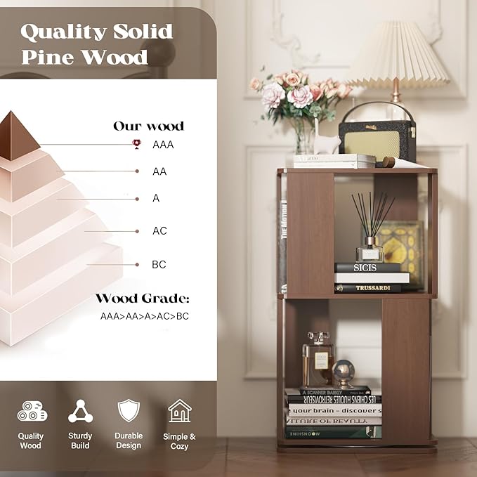 2 Tier Solid Wood Rotating Bookshelf Tower on Wheels, 360° Upgrade Spinning Book Shelf, Revolving Bookcase Organizer, Swivel Bookshelves for Small Spaces, Corner, Bedroom, Kids Room, Office (Walnut)