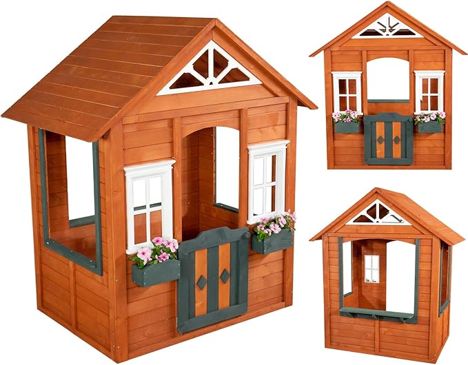 Sportspower Woodbridge Wooden Playhouse for Kids, Outdoor Backyard Playhouse with Working Door, Windows & Flowerpot Holders, Ages 3–8, Durable Finland Wood, Red