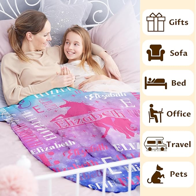 Personalized Unicorn Blankets for Kids Teens Adults, Girls Women Throw Blanket Gifts for Unicorn Lovers, Custom Name Soft Warm Flannel Monogram Blankets Decor for Bed Couch Sofa Home Room