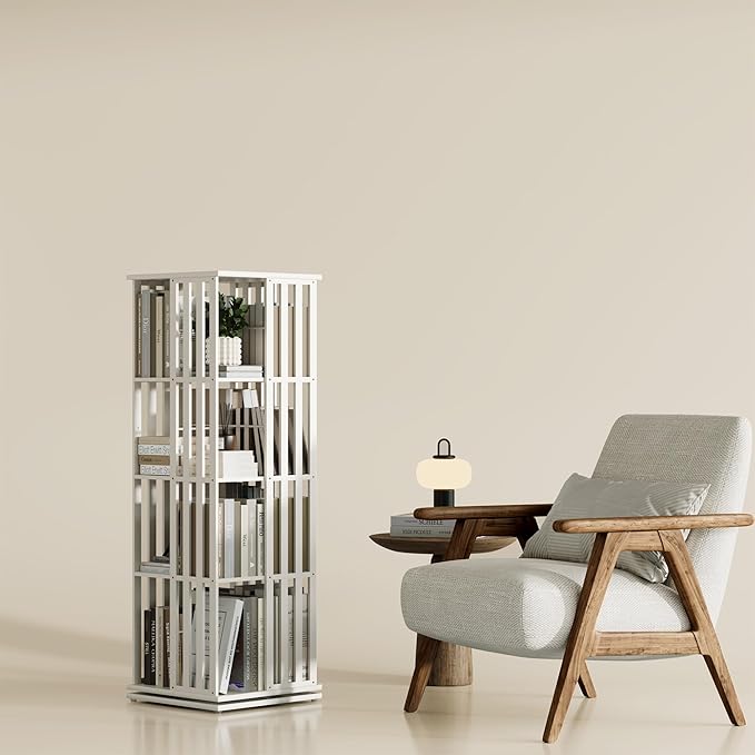 YOWOS Rotating Bookshelf Tower, 360 Display Spinning Bookcase, Bamboo Bookshelf Floor Standing Storage Rack, Wood Narrow Book Shelf Organizer for Kids&Adults (White, 4 Tier)