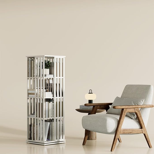 YOWOS Rotating Bookshelf Tower, 360 Display Spinning Bookcase, Bamboo Bookshelf Floor Standing Storage Rack, Wood Narrow Book Shelf Organizer for Kids&Adults (White, 4 Tier)