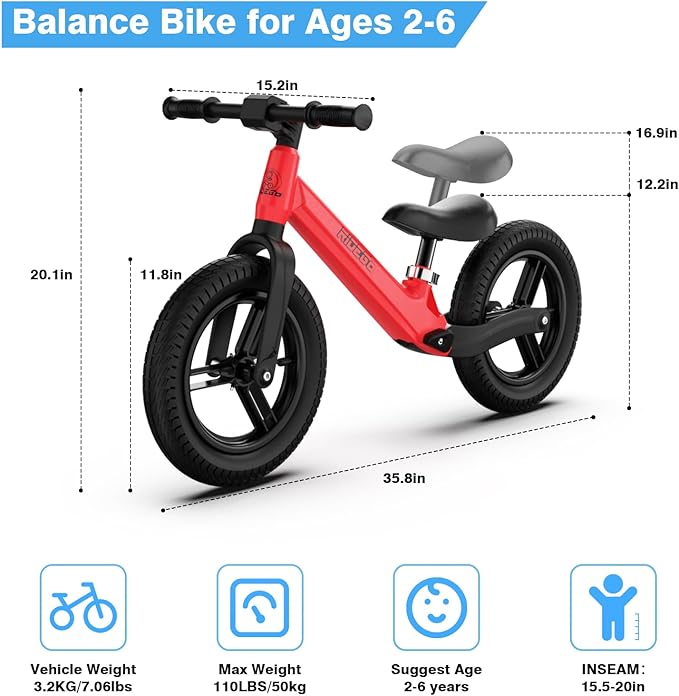 Ridego 12 Inch Balance Bike for Kids 2-4 Year Old,Lightweight Kids Bike with Adjustable Seat, Push Bicycle with Air Rubber Tires，Ride-on Toys Birthday Gift