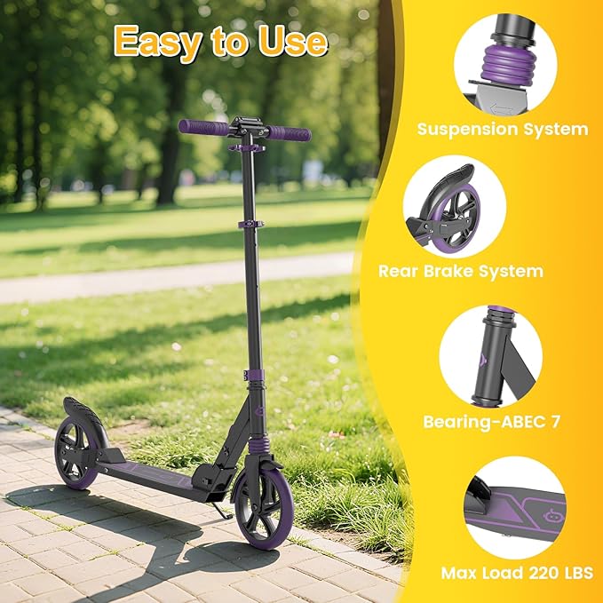 SIMATE Kick Scooter for Kids Teens & Adults, 3 Adjustable Heights, 8IN All Terrain Big Wheels, Dual Suspension, Foldable and Lightweight, Gifts for Girls Boys