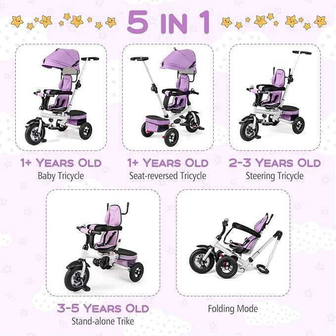 Costzon 5-in-1 Folding Kids Tricycle with Adjustable Push Handle & Canopy, Reversible Seat and Safety Harness, Push Trike with Storage for Toddler Aged 1-5 Years Old, Blue/Gray/Pink