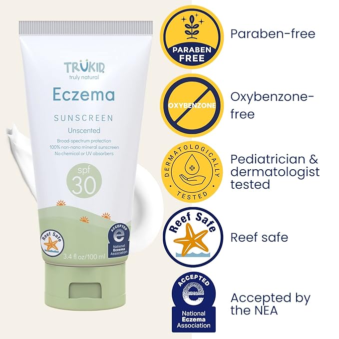 TruKid Eczema Mineral Sunscreen SPF 30 - All Natural Kids & Baby Sunscreen for Face & Body, Non-Toxic Zinc Oxide Sunblock Protection for Sensitive Skin, Unscented, FSA Eligible, Travel Size 3.4oz