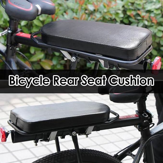 Bicycle Manned Cushion, Black PU Bike Rear Saddle Mountain Bike Back Shelf Seat Cushion, Wide Soft Pad Bicycle Accessory for School Sports Trail Riding