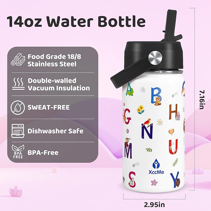 Alphabet Kids Water Bottle With Straw Lid,14 oz Stainless Steel Travel Bottle,Double Wall Leak Proof Kids Cup,Insulated Tumbler for Toddlers,Metal Animal Bottle for School Boys Girls