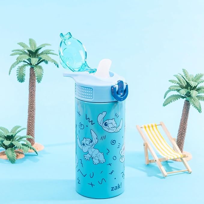 Zak Designs Disney Sage Kids Water Bottle For School or Travel, 14oz Stainless Steel Water Bottle With Straw, Handle, and Leak-Proof, Pop-Up Spout Cover (Stitch)