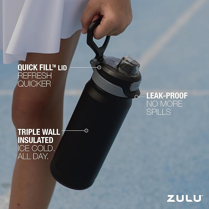 ZULU Powerfill Pro 18oz Kids Stainless Steel Water Bottle with Quick Fill Lid, Triple Wall Vacuum Insulated, Leak Proof Locking Lid, Sip & Chug, Reusable, BPA Free, Dishwasher Safe, Tonal Black