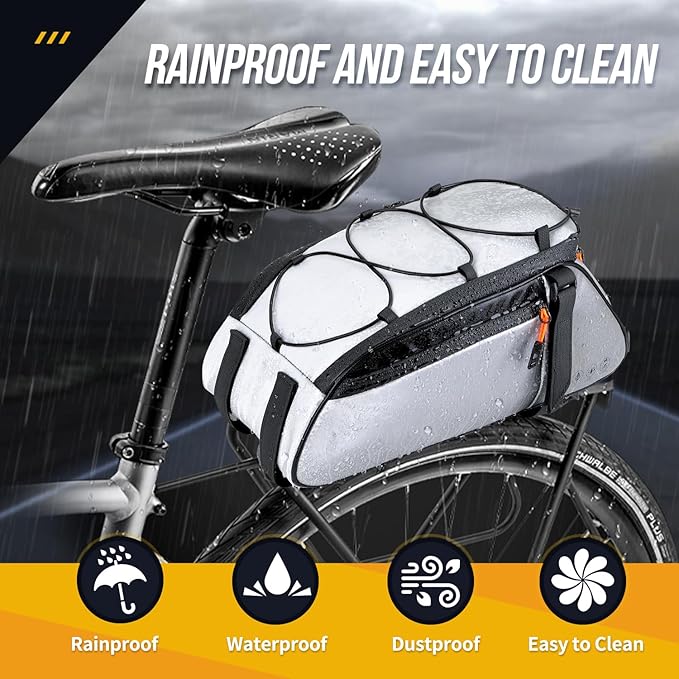 WOTOW Bike Rear Rack Bag - 10L Large Full Reflective Waterproof Trunk Bag, Multifunctional Bicycle Ebike Back Seat Cargo Carrier with Shoulder Strap(Full Reflective)