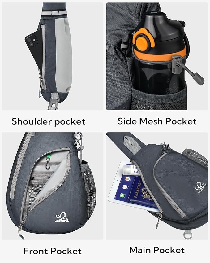 WATERFLY Crossbody Sling Bag Small Water Resistant Backpack Lightweight Shoulder Chest Daypack for Men Women Hiking Travel