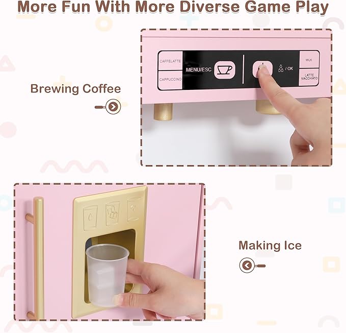 Kids Kitchen Playset, Wooden Play Kitchen with Toy Storage System, Pretend Play Kitchen Set Toy with Range Hood, Ice Maker & Coffee Maker, for Kids Ages 3+, Pink
