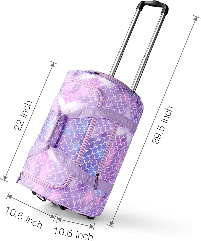 Choco Mocha Girls Mermaid Suitcase with Wheels Kids Purple Rolling Duffle Bag for Camping Teen Girls Toddler Luggage Bag for Travel, 22inch
