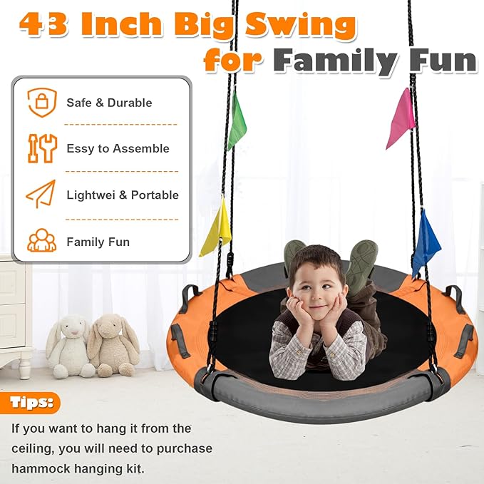 Tree Swing, Saucer Swing Sets 43 Inch for Kids, Come with 360 Degree Swivel and Adjustable Hanging Strap, Gray and Orange