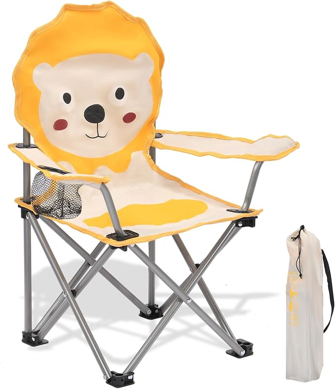 XMT Kids Folding Chair with Cup Holder - Portable Lightweight Outdoor & Indoor Chair for Children Ages 3-9, Anti-Slip Base, Sturdy Metal Frame, Compact Foldable Design with Carry Bag (Yellow/Brown)