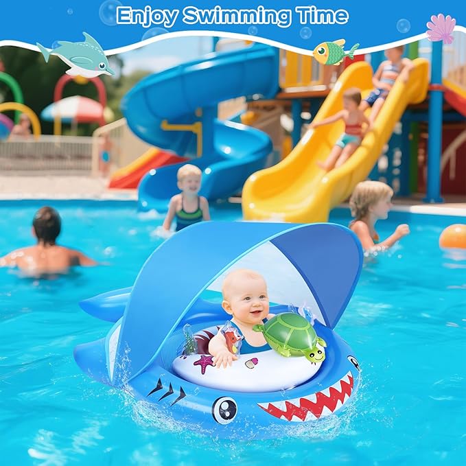 Baby Pool Float with UPF50+ Sun Protection Canopy, Inflatable Toddler Swimming Float with Ocean Animal Toys, Infant Pool Floaties with Adjustable Safety Seat for Kids 6-36 Months