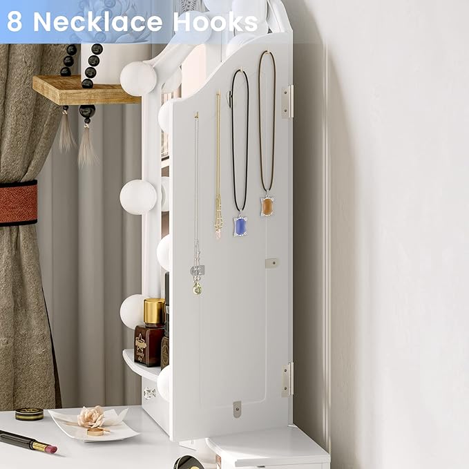 Tiptiper Makeup Vanity with Lights, Vanity Desk with Lighted Mirror and Stool, Vanity Table Set with 5 Drawers, 3 Light Settings, Adjustable Brightness, White